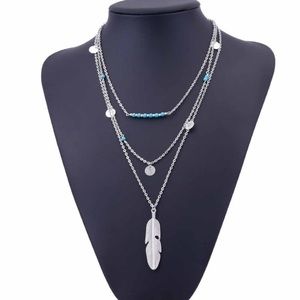 3 layer feather necklace, silver